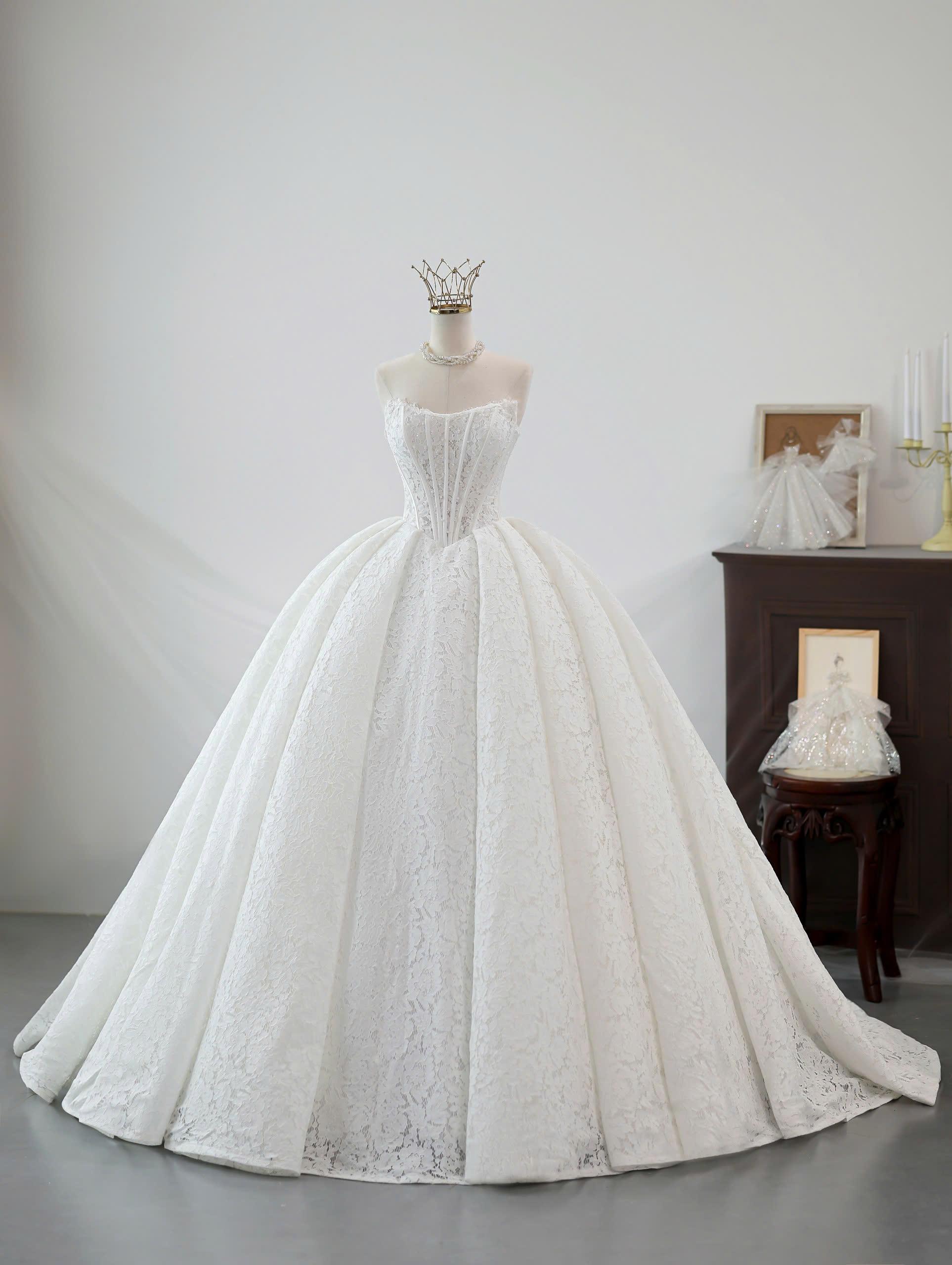 Simple Lace Strapless Ball Gown Wedding Dress with Corset Bodice and Defined Waist, Lace Wedding Gown, custom made XXL size, artisan made