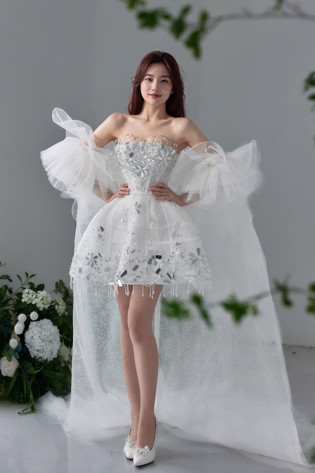 short sequin bridal dress Off-the-Shoulder Sparkly Sequins Short A-line Wedding Dress White