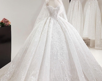 Beaded Ball Luxury Princess Wedding Dresses, Sequin Bridal Gown, Sparkling Bridal Dress, Fairy Maxi Wedding gown with train, XXL available