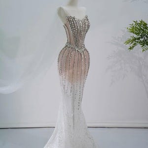 Glamorous Satin Mermaid Wedding Gown, Hand-Beaded mermaid wedding dress with pearl, hand applique beaded, unique dress, custom made