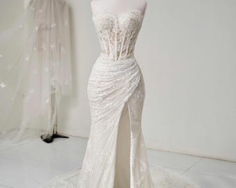 Elegant 3D Lace Mermaid Wedding Gown with sexy high Slit, unique wedding dress, Modest Dress with beaded and pearl, custom made by Lisa