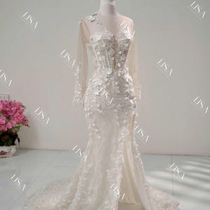 Elegant 3D Lace Mermaid Wedding Gown with Long Sleeves and sexyThigh Slit, unique wedding dress, Modest wedding gown, custom made