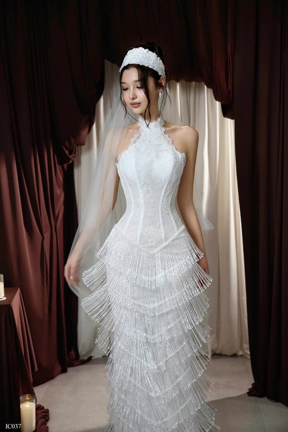 beaded fringe wedding dress Convertible Dress, Art Deco Bridal Gown, Sparkly Wedding Dress, High Neck Corset Wedding Dress, Gatsby Inspired Bridal Strapless dress with