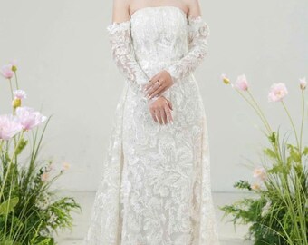Elegante vestido de novia de corte sirena con escote corazón, mangas largas y sobrefalda extraíble, vestido de novia modesto, hecho a medida por Lisa Bridal Boutique