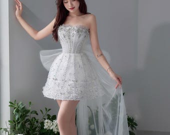 Mini Strapless Wedding Dress with Hand Beaded and Removable Oversized Back Bow, Luxury Short Wedding & Tea Party Dress, mini dress for bride