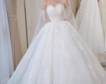 Luxus Schulterfrei Spitze Ballkleid Brautkleid | Korsett Brautkleid mit Ärmeln | Maßanfertigung | Kostenloser Versand | Märchenhaftes Prinzessinnen Kleid