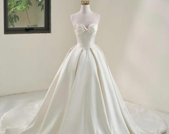 Elegant Mikado Ball Gown, Strapless Bow Corset Wedding Dress, Sweetheart Neckline with train, Customizable big size, Lisa Bridal Boutique