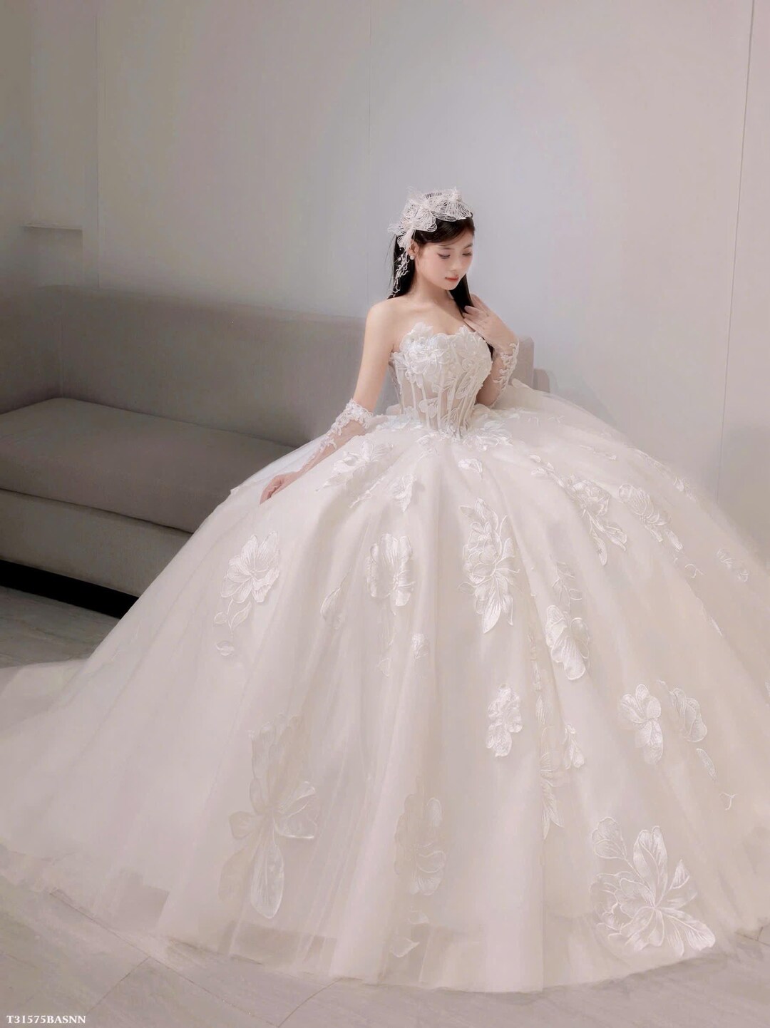 Fairytale Princess Wedding Dress, Strapless Ball Gown with Voluminous Skirt, premium tulle with hand crafted lace flowers, custom Design Fairytale Princess Wedding Dress, Strapless Ball Gown with Voluminous Skirt, premium tulle with hand crafted lace flowers, custom Design