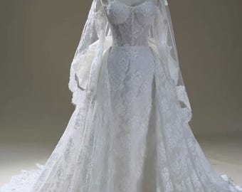 Elegant 2-in-1 Lace Mermaid Wedding Dress with Detachable Overlay, Premium Lace Mermaid Wedding Dress – Attachtable Sleeves, Luxe sequins