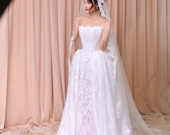 Two-Piece Mermaid Wedding Dress, Detachable Skirt with Premium Embroidered Lace Cape, unique wedding dress, Modest wedding gown, custom made