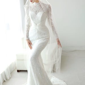 Luxe Hand-Beaded Mermaid Wedding Dresses, Sparkling Lace Bridal Dress with long sleeves and high neckline, custom made just for you
