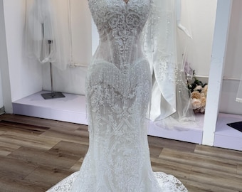 Beaded Mermaid Wedding Dress, Strapless Lace Bridal Gown, Pearl Fringe Corset Dress, Vintage Lace Wedding Gown, Custom Bridal Dress