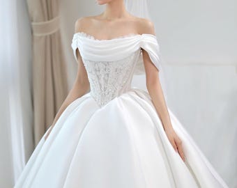 Luxury Satin Wedding Dress – Puffy Ball Gown with pearl and lace, off the shoulder ball gown, princess dress, custom made all sizes