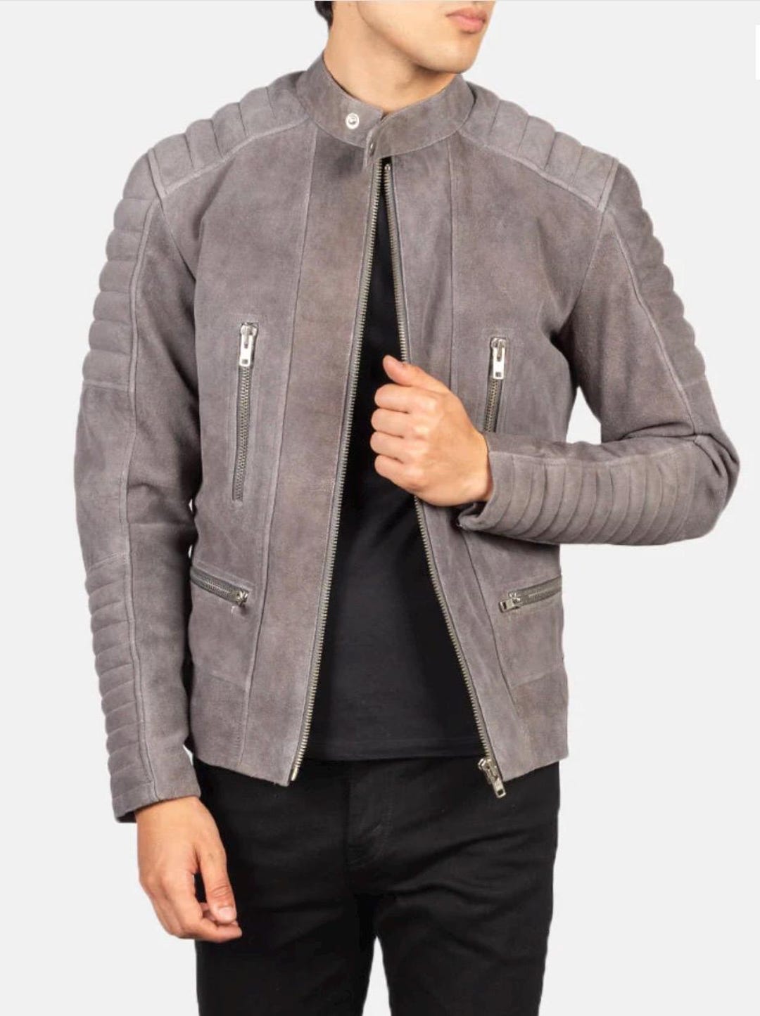 Mens Grey Suede Leather Cafe Racer Jacket – Biker Jacket – Quilted ...