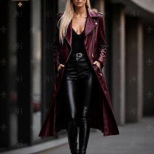 Wine Red Leather Trench Coat Women – Long Biker Coat, Genuine Leather Jacket, Slim Fit Moto Coat, Luxury Burgundy Winter Coat