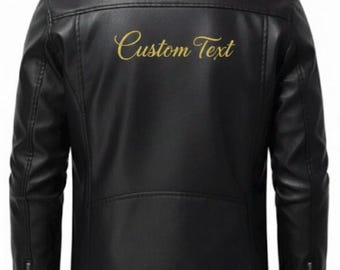Mens Custom Embroidered Black Real Leather Biker Jacket – Personalized Text-Gift for him