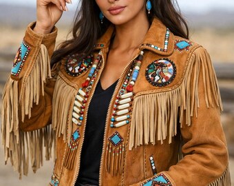 Damska brązowa kurtka zamszowa z frędzlami, płaszcz w stylu western kowbojka boho festiwal