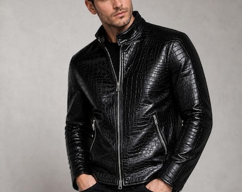 Herren stilvolle Krokodil Muster Motorrad fahren echte Rindsleder Jacke Geschenk für ihn