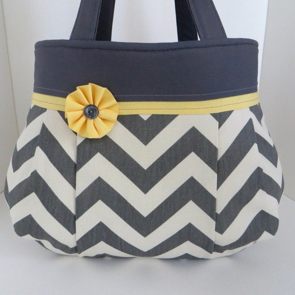 Grey Chevron Pleated Bag - Grey and Yellow Zig Zag Fabric Handbag - Winter Purse - Gray Medium Tote