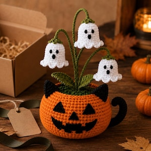Patrón de ganchillo para maceta con forma de fantasma: Amigurumi de Halloween con forma de calabaza (PDF)