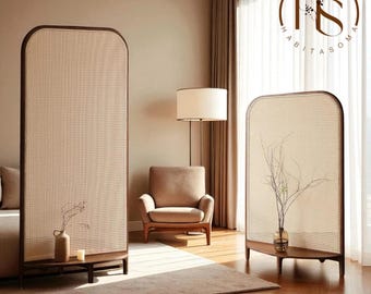Rattan Room Divider, Solid Wood Privacy Screen, Decorative Partition