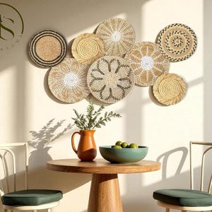 Basket Wall Set of 8 – Hanger Wall Plate, Wicker Round Bowl, Woven Hanging Baskets, Seagrass Wall Decor, Rattan Wall Decor