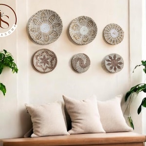Boho Wall Basket Set of 6 – Woven Wall Baskets, Rattan Wall Decor, Wicker Wall Hangings, Seagrass Wall Art in Warm Rust Tones