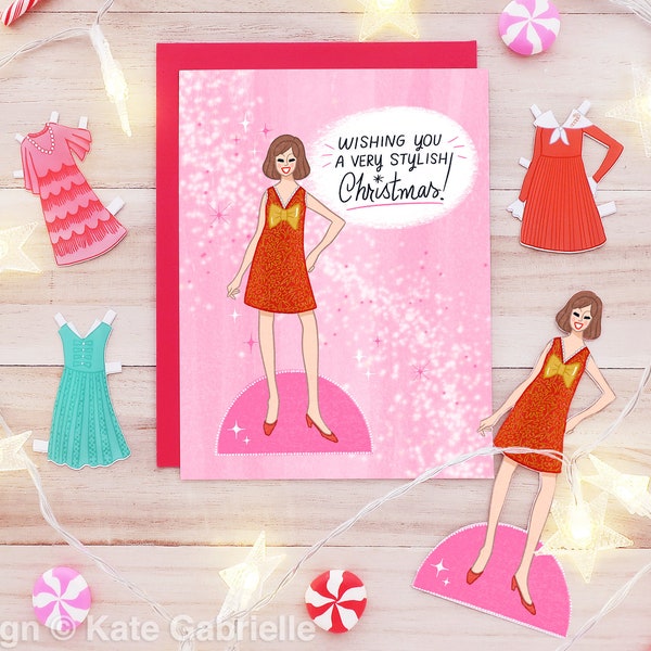 Christmas paper doll retro greeting card // Cute unique Christmas card