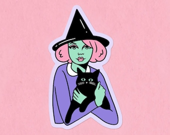 Witch and her familiar Halloween cat sticker