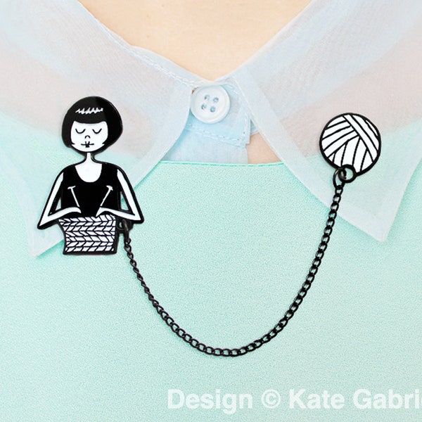 Enamel collar clips // Flapper knitting a scarf / Buy 3 Pins Get 1 Free with code PINSGALORE