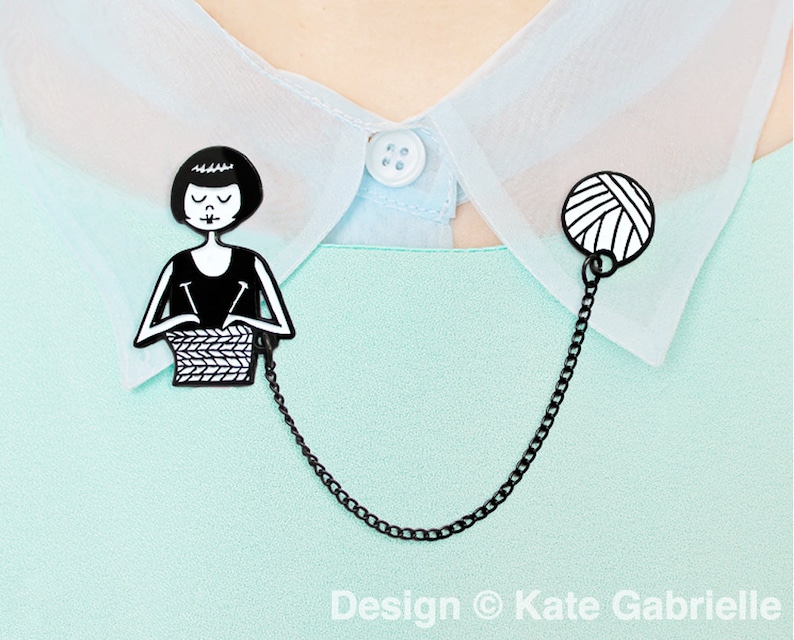 Enamel collar clips // Flapper knitting a scarf / Buy 3 Pins Get 1 Free with code PINSGALORE image 1