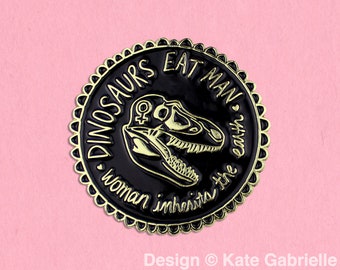 Jurassic Park dinosaurs eat man woman inherits earth enamel lapel pin / Buy 3 Pins Get 1 Free with code PINSGALORE / Black and Gold