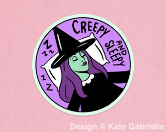 Griezelige en slaperige sticker / Slaperige uitgeputte vermoeide Halloween-heks / Koop 3 stickers en krijg er 1 gratis met code FIDDLESTICS