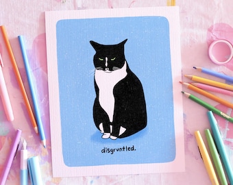 Disgruntled tuxedo cat drawing art print / Choose 5x7 or 8x10
