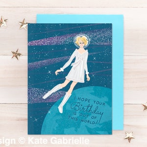 Cartão de feliz aniversário retrô da era espacial