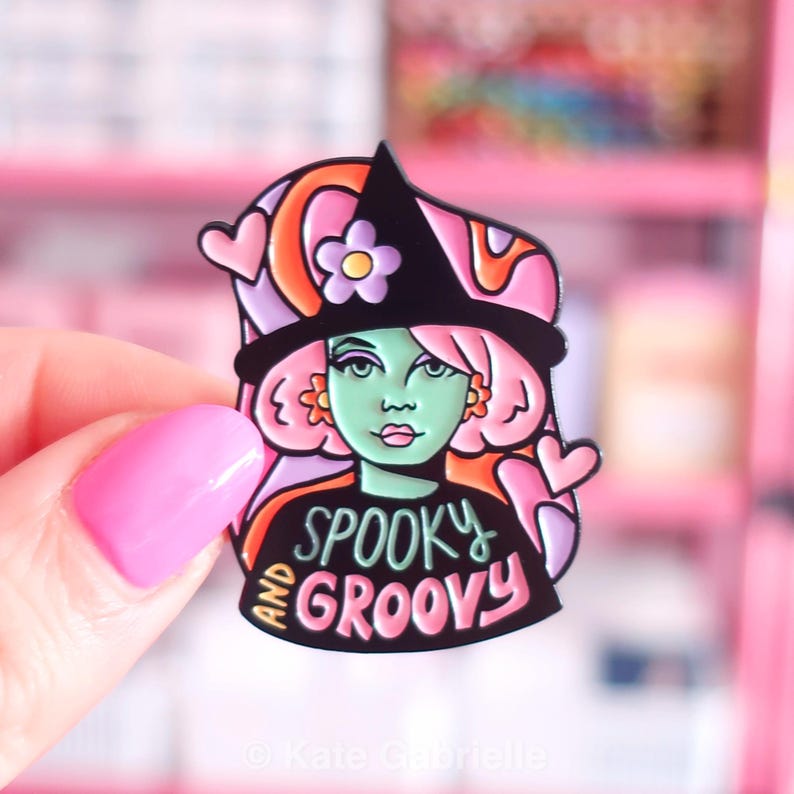 Spooky and Groovy Halloween witch enamel lapel pin image 1