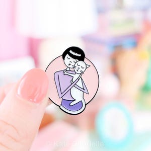 Cat hug enamel lapel pin