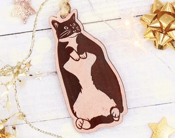 Tuxedo cat ornament // wooden Christmas ornament