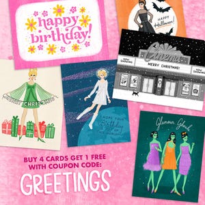 May include: A collection of colorful greeting cards with various designs. One card says "Happy Birthday!" in pink, another says "Merry Christmas!" with a green dress design, and another says "Happy Halloween!" with bats. The text "Glamour Ghouls" is also visible.