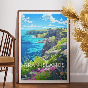 May include: A framed print showcasing the Aran Islands in Ireland. The artwork presents a coastal scene with cliffs, turquoise waters, and a bright blue sky dotted with clouds. The print includes the text "ARAN ISLANDS IRELAND".