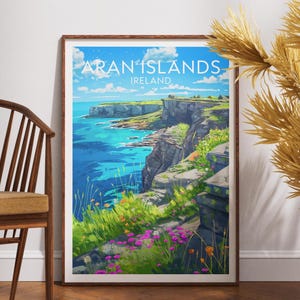May include: A framed art print showcasing the Aran Islands in Ireland. The image is a landscape with cliffs, turquoise sea, and wildflowers. The text "ARAN ISLANDS IRELAND" is visible at the top of the print, set against a blue sky.