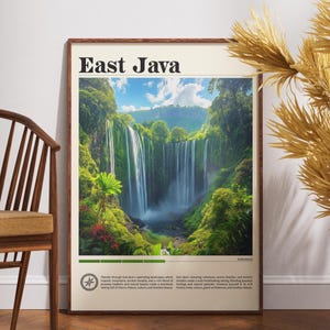 Peut inclure: Affiche encadrée représentant une cascade à East Java. L'image montre une cascade entourée d'une végétation luxuriante et d'un ciel bleu. Le poster affiche le texte "East Java" en haut, dans un cadre en bois foncé.