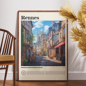 May include: A vintage-style poster featuring a colorful illustration of a street scene in Rennes, France. The poster includes the text "Rennes" in a bold, retro font and a description of the city's history and culture.