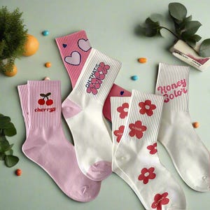 Y2K Socks, Cherry Socks, Flower Socks, Heart Socks, Cute Pink Socks, Socks With Cherries, Cute Girl Socks, Gift For Girls, Women Socks