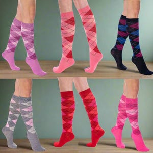 Argyle Knee-High Socks, 6 Pack, Women Socks, Stockings, Colorful Knee Socks, Gift For Girls, Long Socks For Women, Tall Socks For Boots