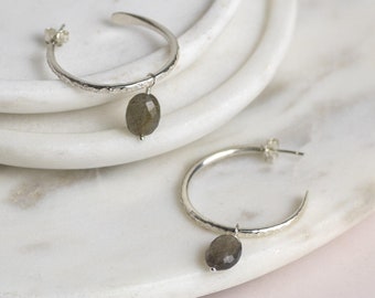 Silver Hoops with Labradorite - Medium Size: 30mm