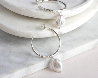 Silver Hoops with Pearls - Medium Size: 30mm