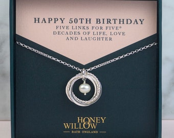 50th Birthday Birthstone Necklace - The Original 5 Links for 5 Decades Necklace - Silver