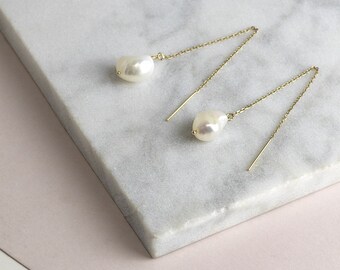 Threader Earrings with Freshwater Pearls | Sterling Silver | 14k Gold