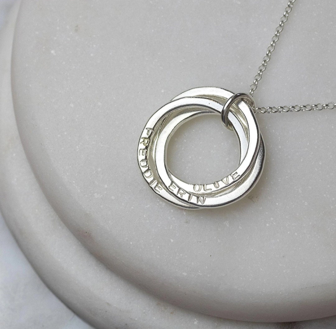 thumbnail image 2 of Circle Triple Connecting Ring Necklace, Personalised Hand Stamped 25mm Rings 2 of 6